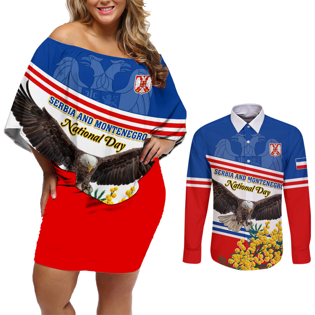 Serbia and Montenegro National Day Couples Matching Off Shoulder Short Dress and Long Sleeve Button Shirt Eagle With Mimosa Flower - Wonder Print Shop