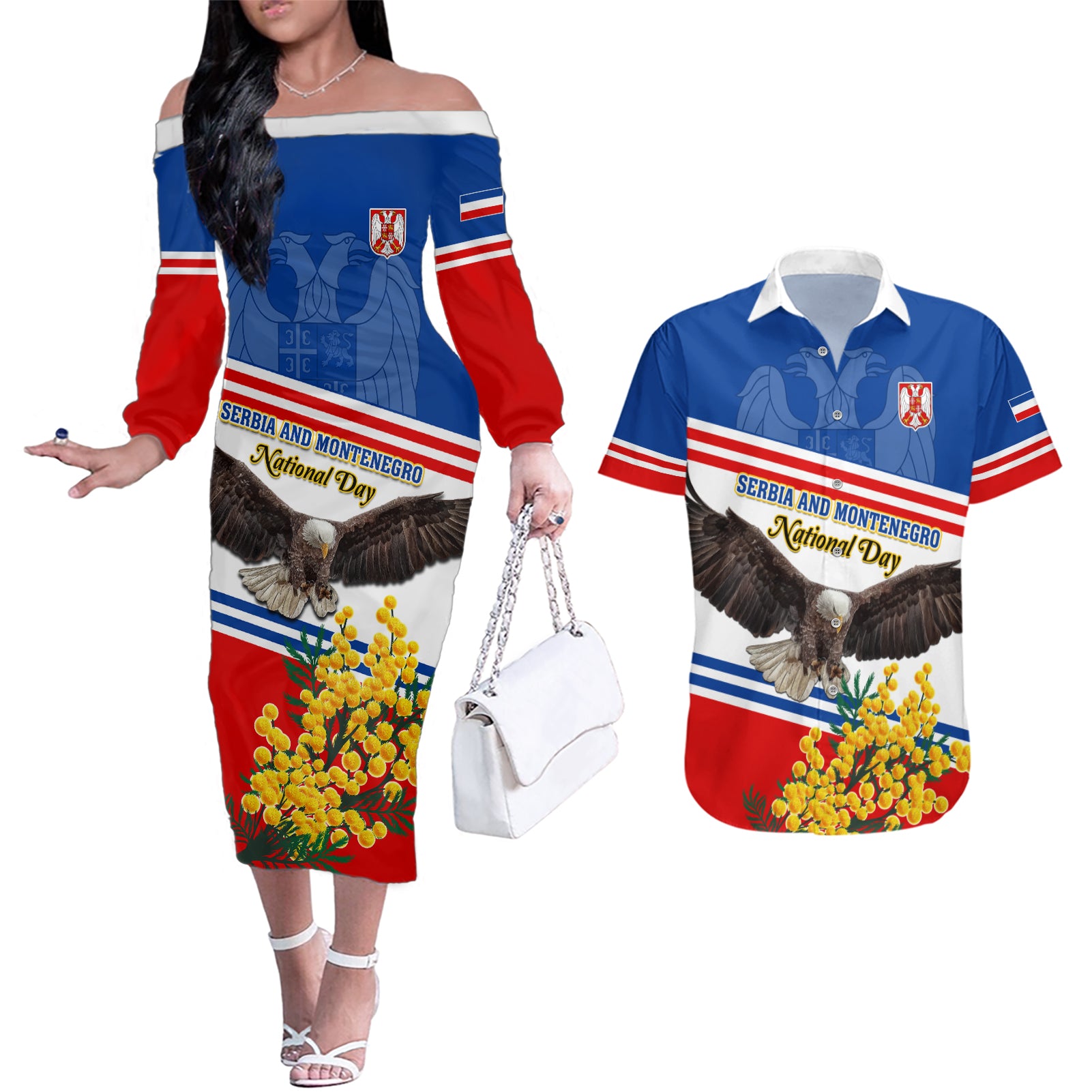 Serbia and Montenegro National Day Couples Matching Off The Shoulder Long Sleeve Dress and Hawaiian Shirt Eagle With Mimosa Flower - Wonder Print Shop