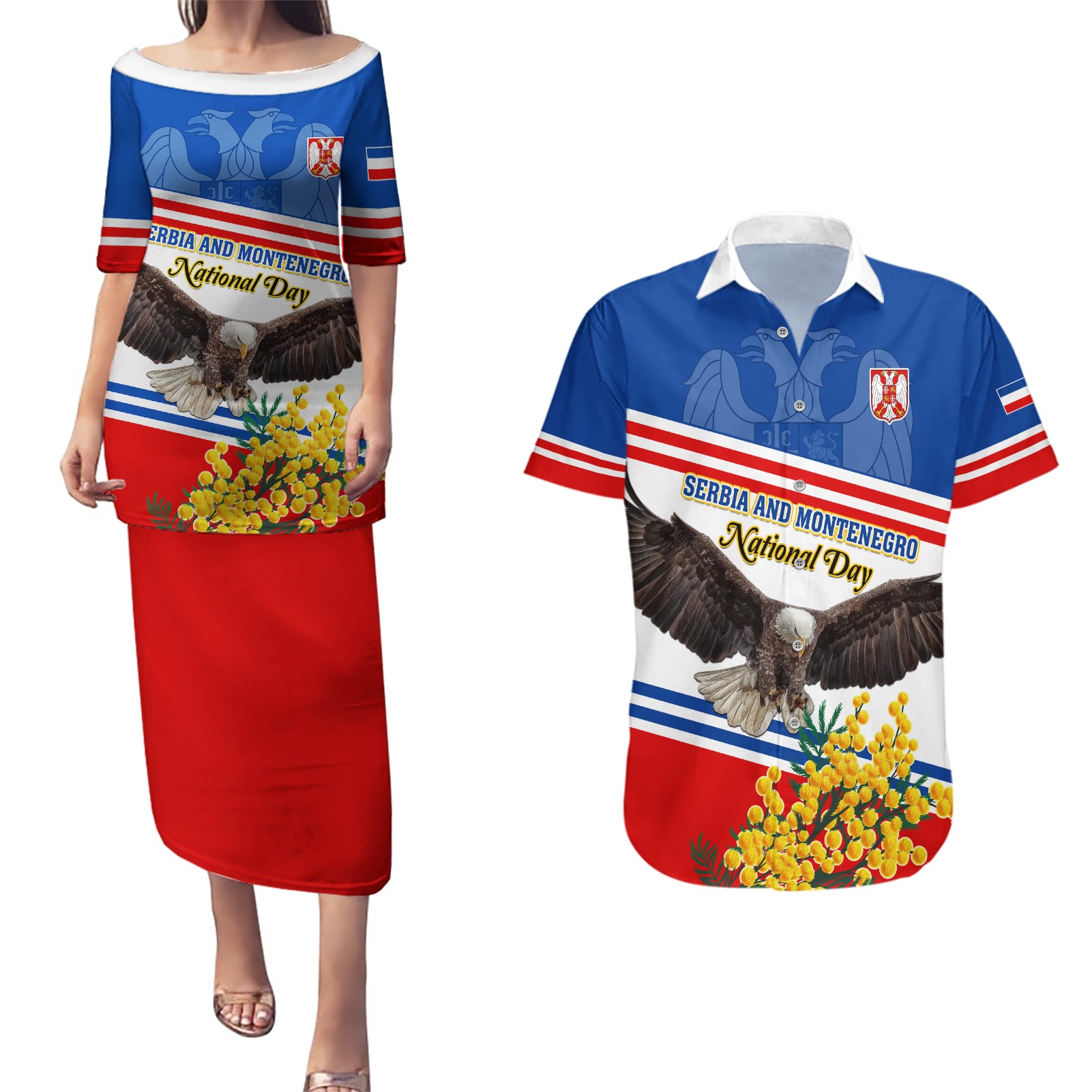 Serbia and Montenegro National Day Couples Matching Puletasi and Hawaiian Shirt Eagle With Mimosa Flower - Wonder Print Shop