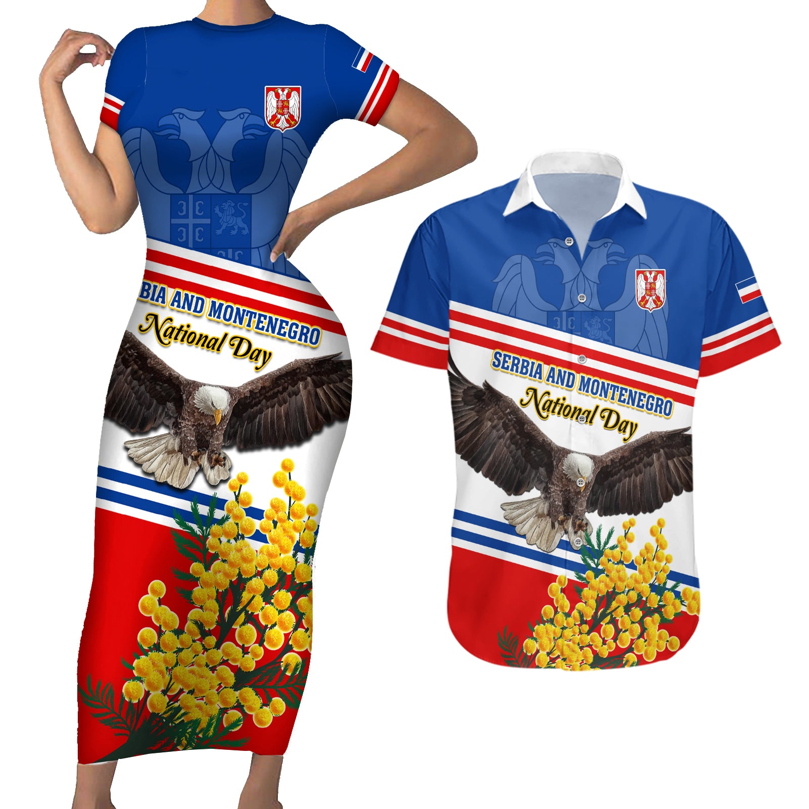 Serbia and Montenegro National Day Couples Matching Short Sleeve Bodycon Dress and Hawaiian Shirt Eagle With Mimosa Flower - Wonder Print Shop