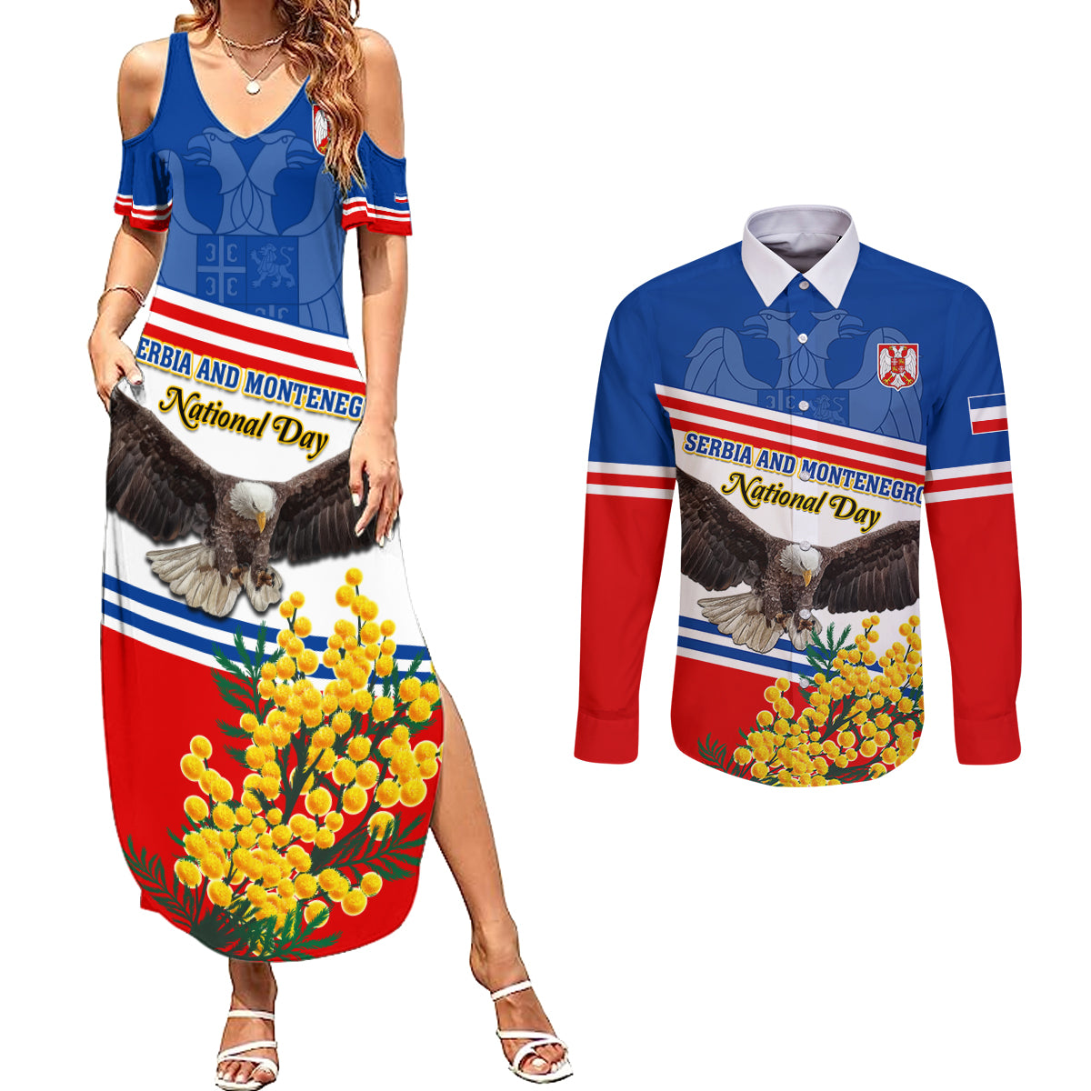 Serbia and Montenegro National Day Couples Matching Summer Maxi Dress and Long Sleeve Button Shirt Eagle With Mimosa Flower - Wonder Print Shop