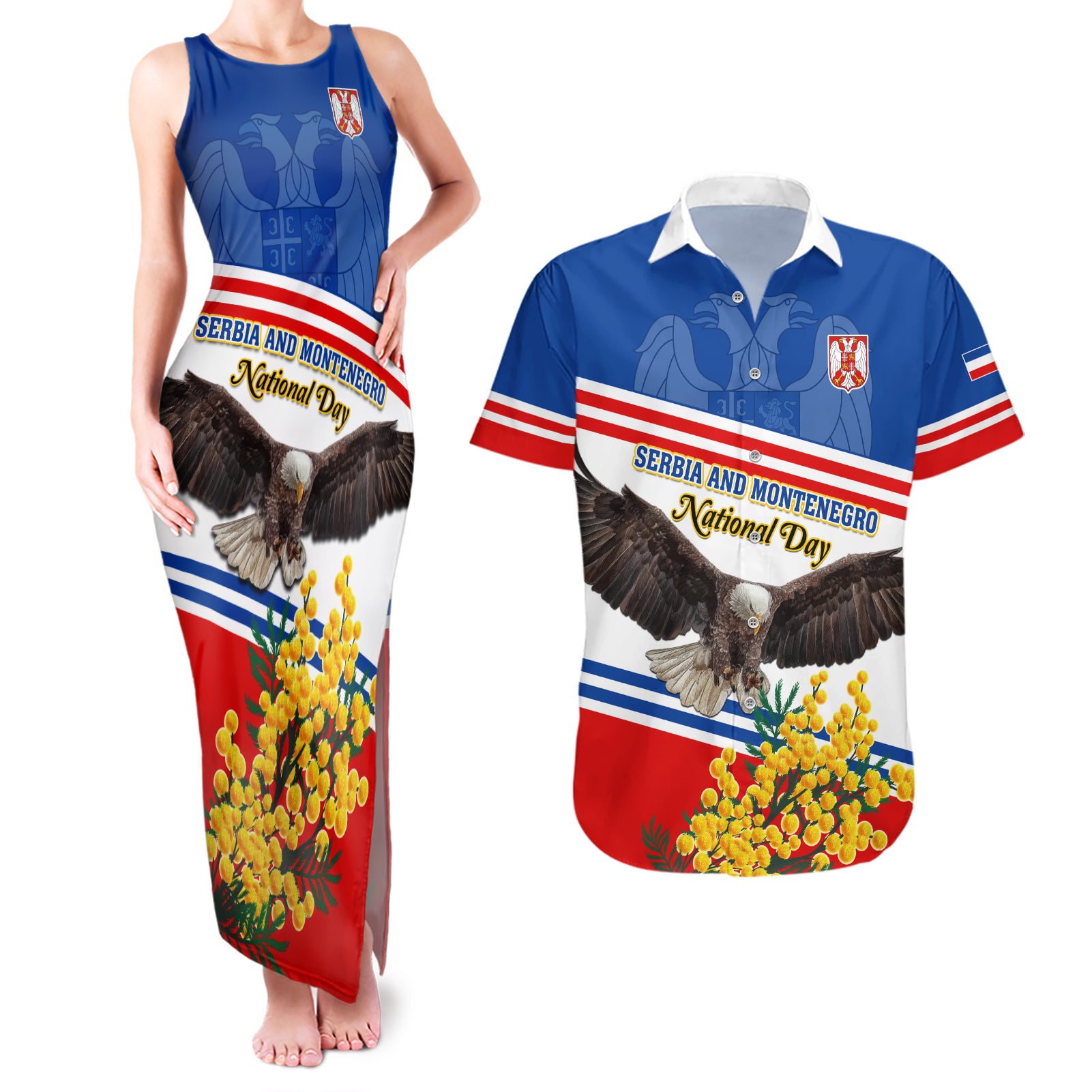 Serbia and Montenegro National Day Couples Matching Tank Maxi Dress and Hawaiian Shirt Eagle With Mimosa Flower - Wonder Print Shop