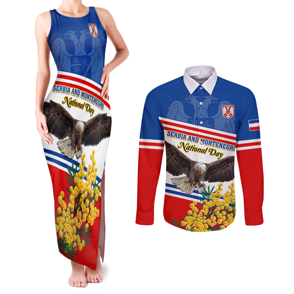 Serbia and Montenegro National Day Couples Matching Tank Maxi Dress and Long Sleeve Button Shirt Eagle With Mimosa Flower - Wonder Print Shop