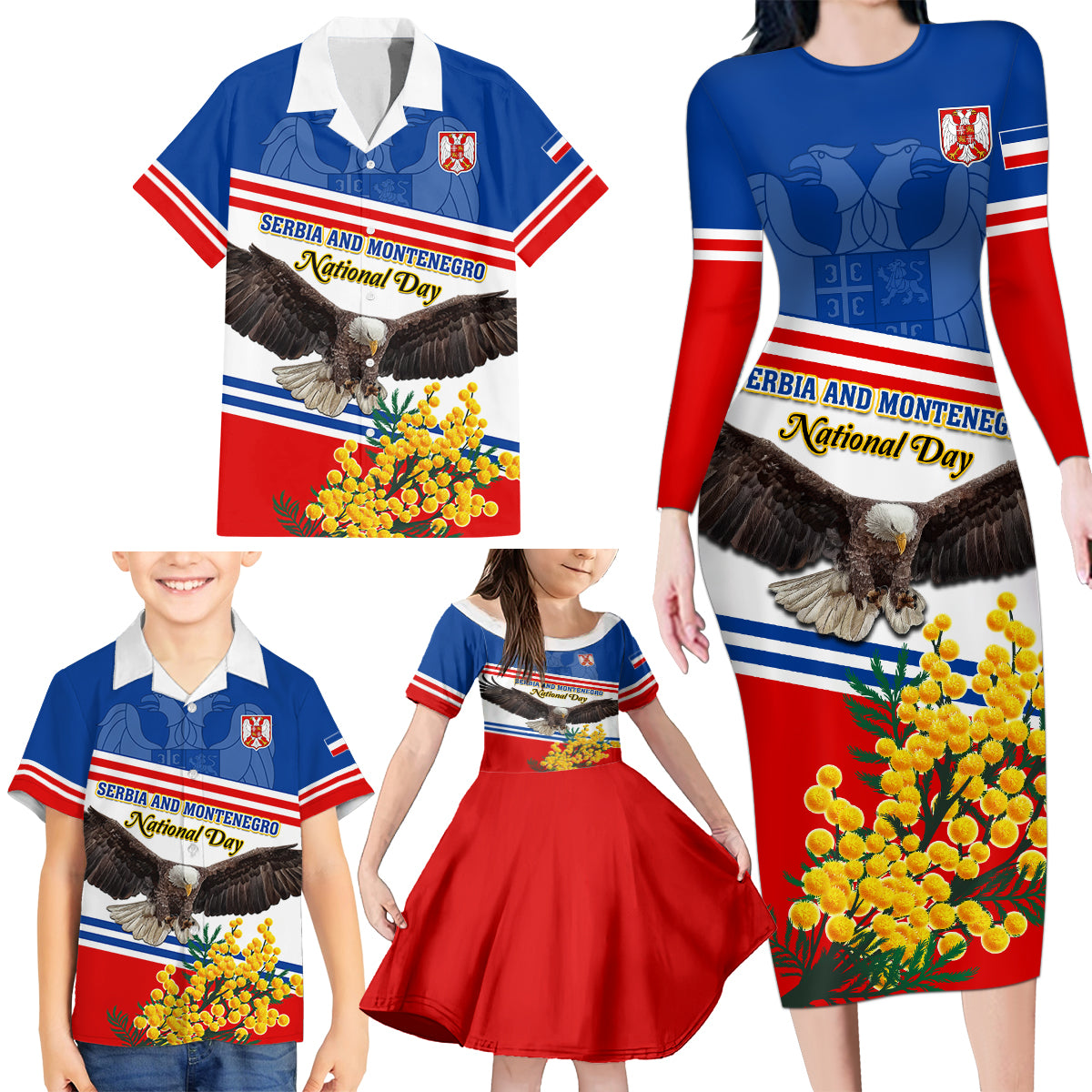 Serbia and Montenegro National Day Family Matching Long Sleeve Bodycon Dress and Hawaiian Shirt Eagle With Mimosa Flower - Wonder Print Shop