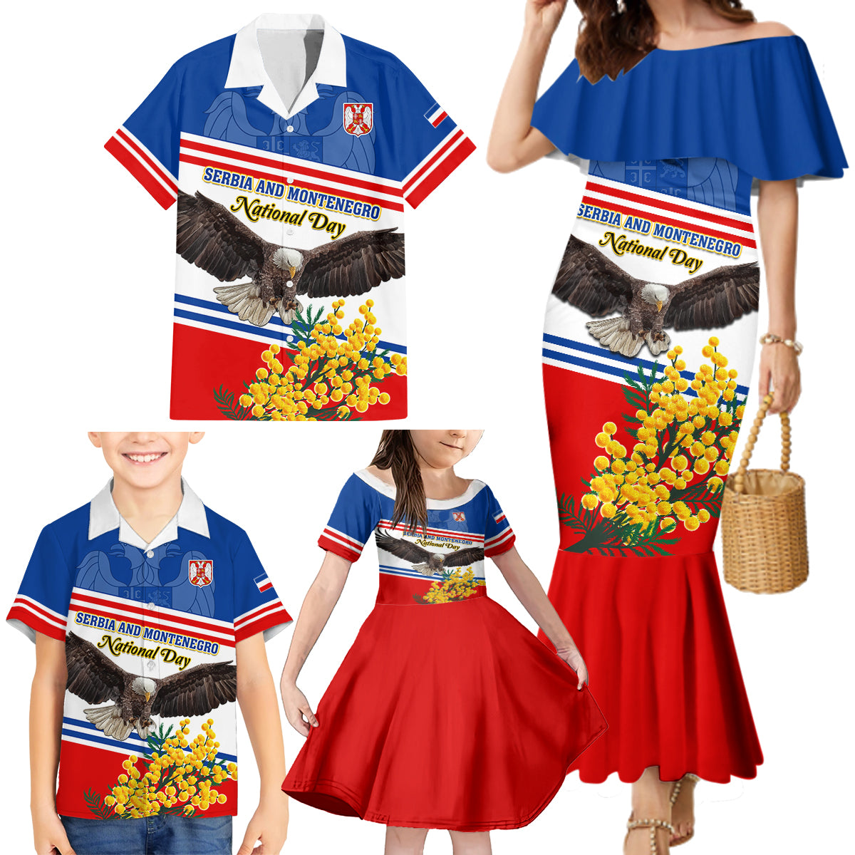 Serbia and Montenegro National Day Family Matching Mermaid Dress and Hawaiian Shirt Eagle With Mimosa Flower - Wonder Print Shop