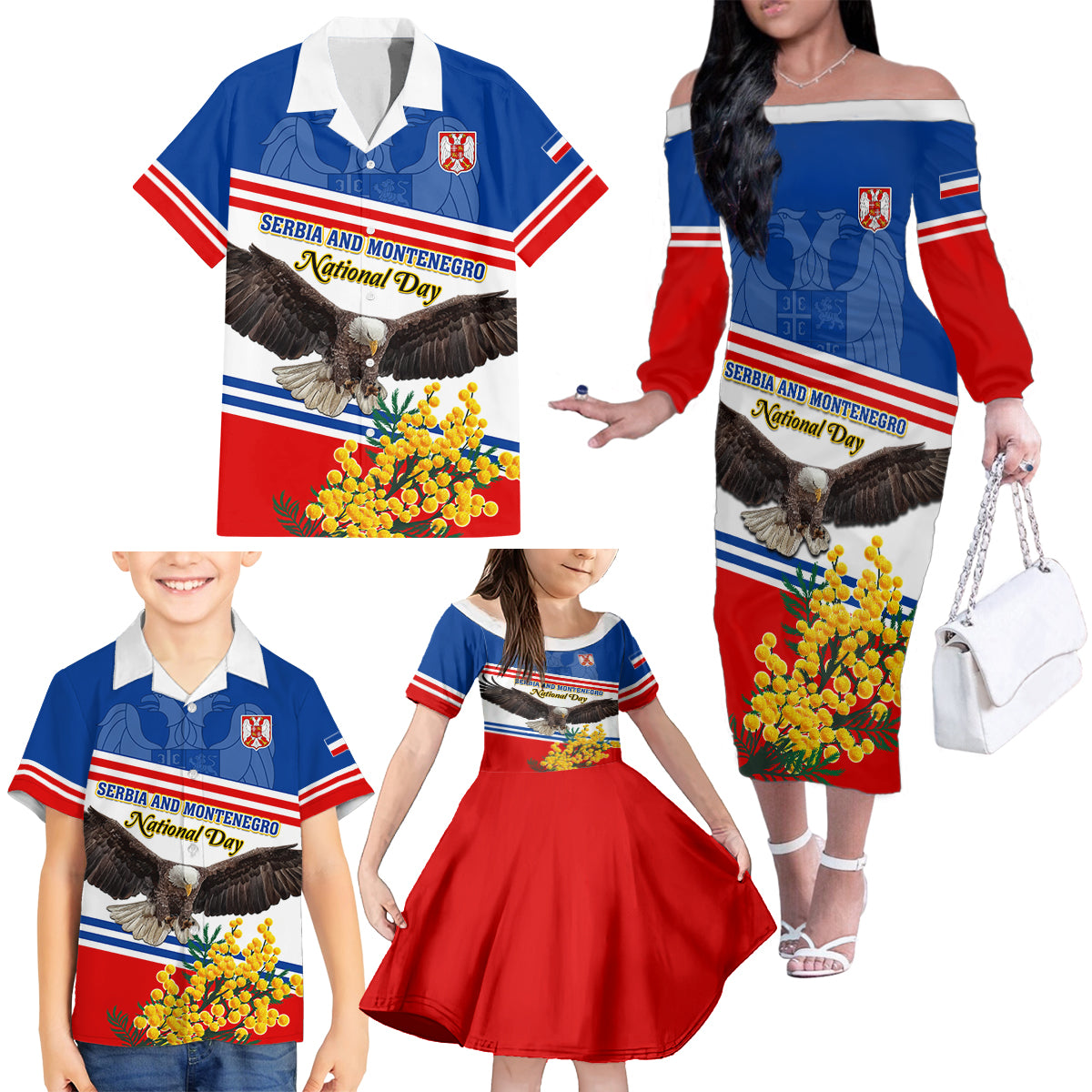 Serbia and Montenegro National Day Family Matching Off Shoulder Long Sleeve Dress and Hawaiian Shirt Eagle With Mimosa Flower - Wonder Print Shop