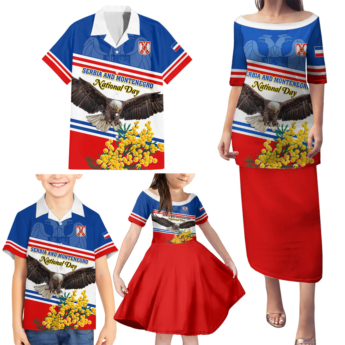 Serbia and Montenegro National Day Family Matching Puletasi and Hawaiian Shirt Eagle With Mimosa Flower - Wonder Print Shop