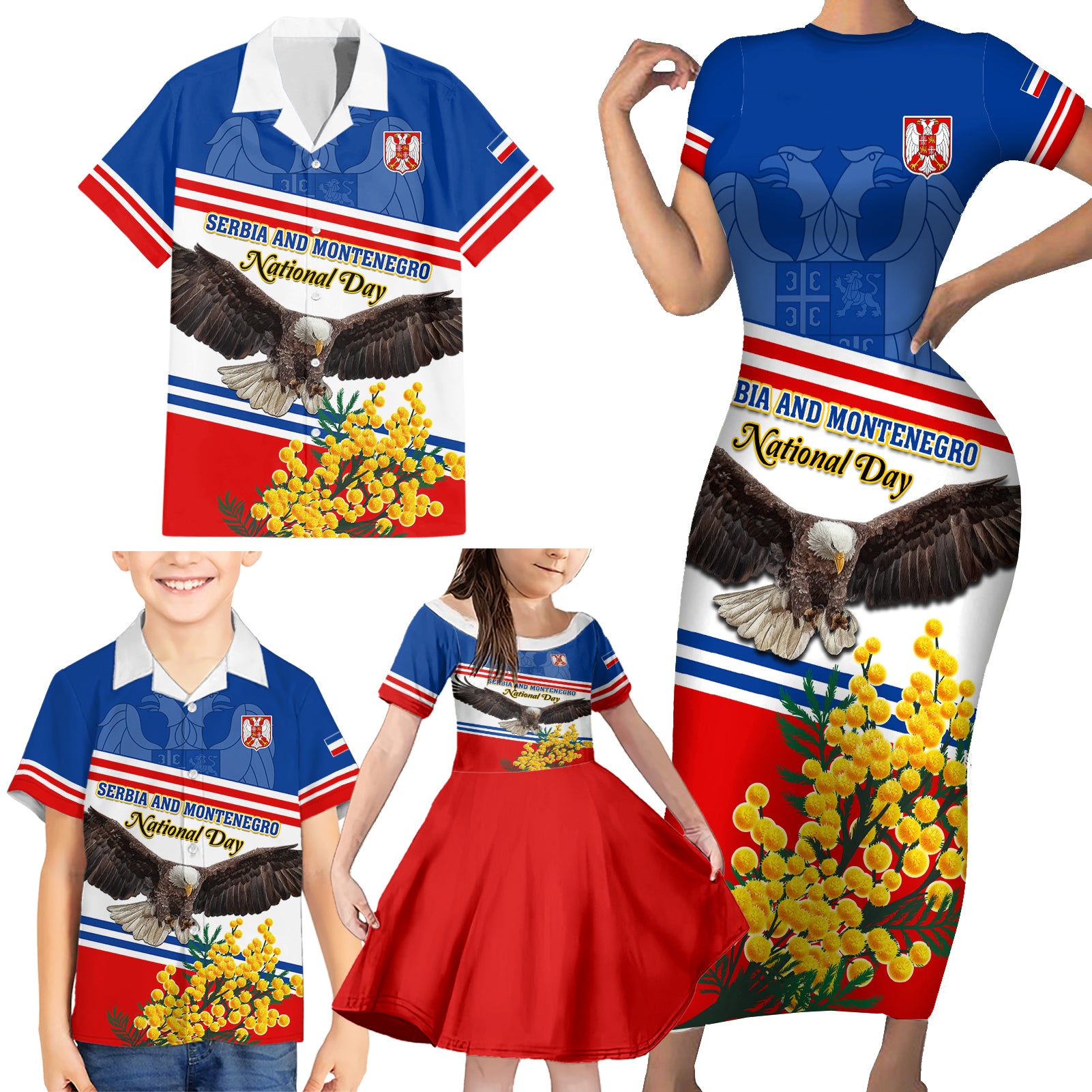 Serbia and Montenegro National Day Family Matching Short Sleeve Bodycon Dress and Hawaiian Shirt Eagle With Mimosa Flower - Wonder Print Shop