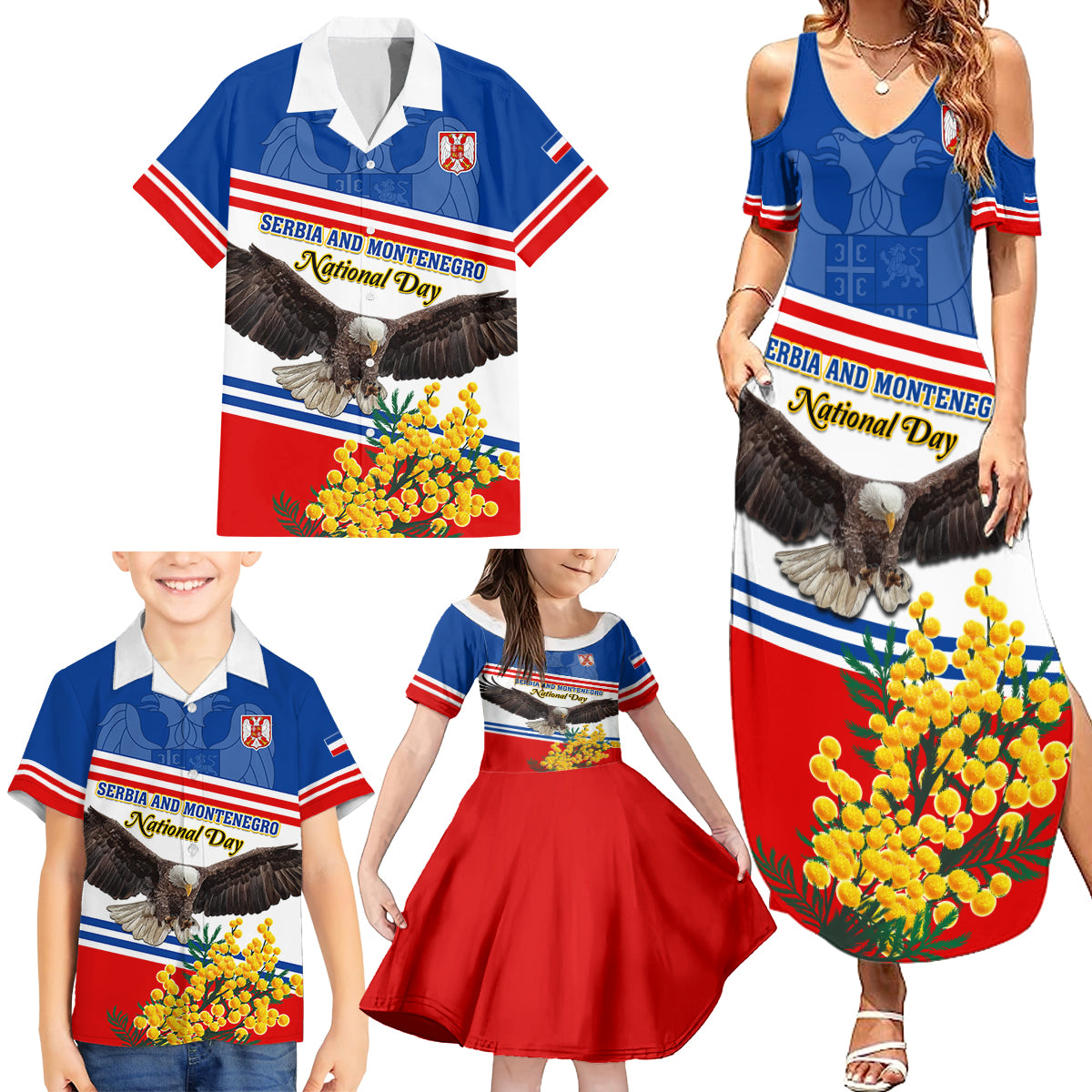 Serbia and Montenegro National Day Family Matching Summer Maxi Dress and Hawaiian Shirt Eagle With Mimosa Flower - Wonder Print Shop