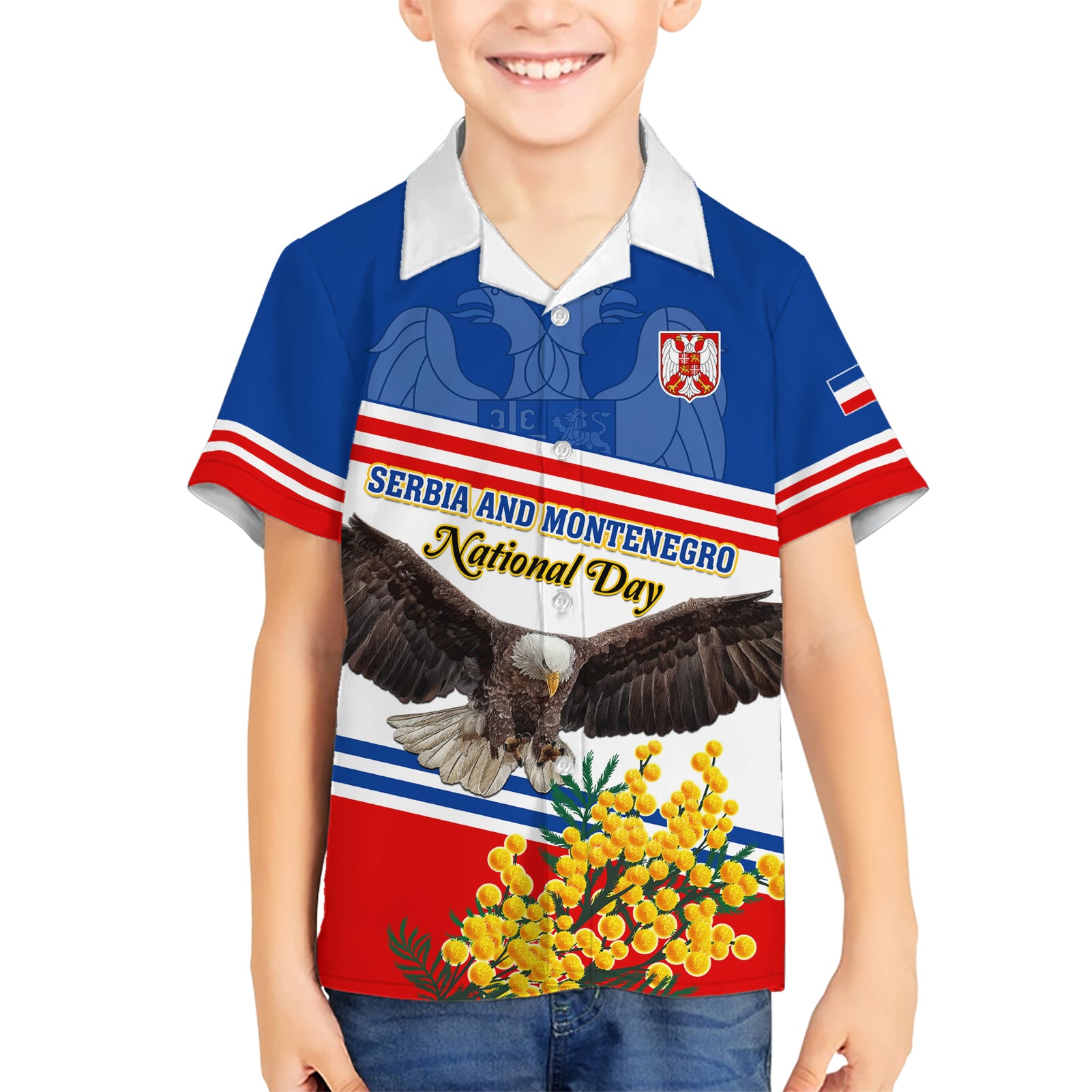 Serbia and Montenegro National Day Kid Hawaiian Shirt Eagle With Mimosa Flower - Wonder Print Shop