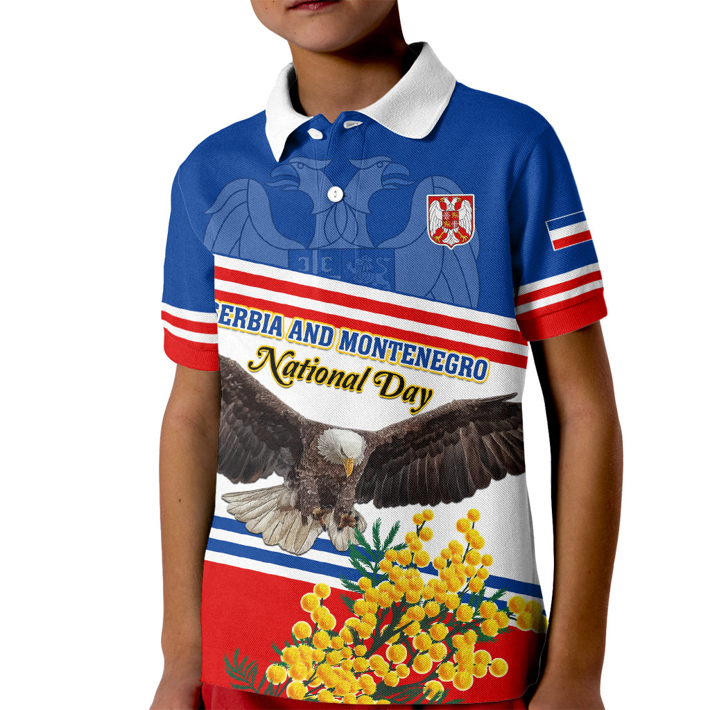 Serbia and Montenegro National Day Kid Polo Shirt Eagle With Mimosa Flower - Wonder Print Shop