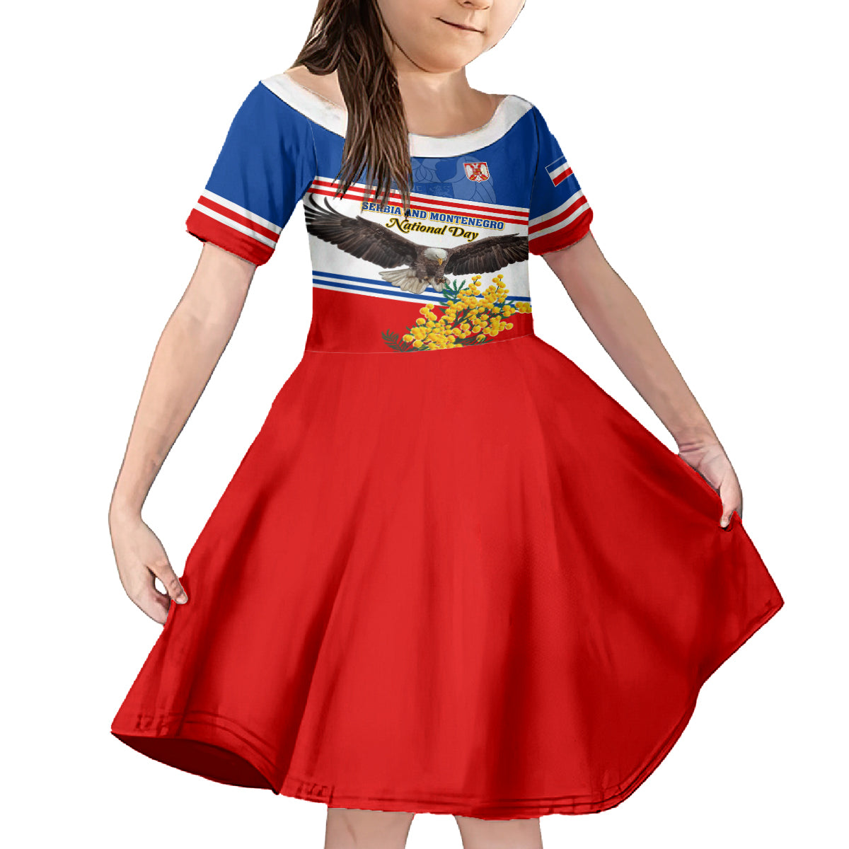 Serbia and Montenegro National Day Kid Short Sleeve Dress Eagle With Mimosa Flower - Wonder Print Shop