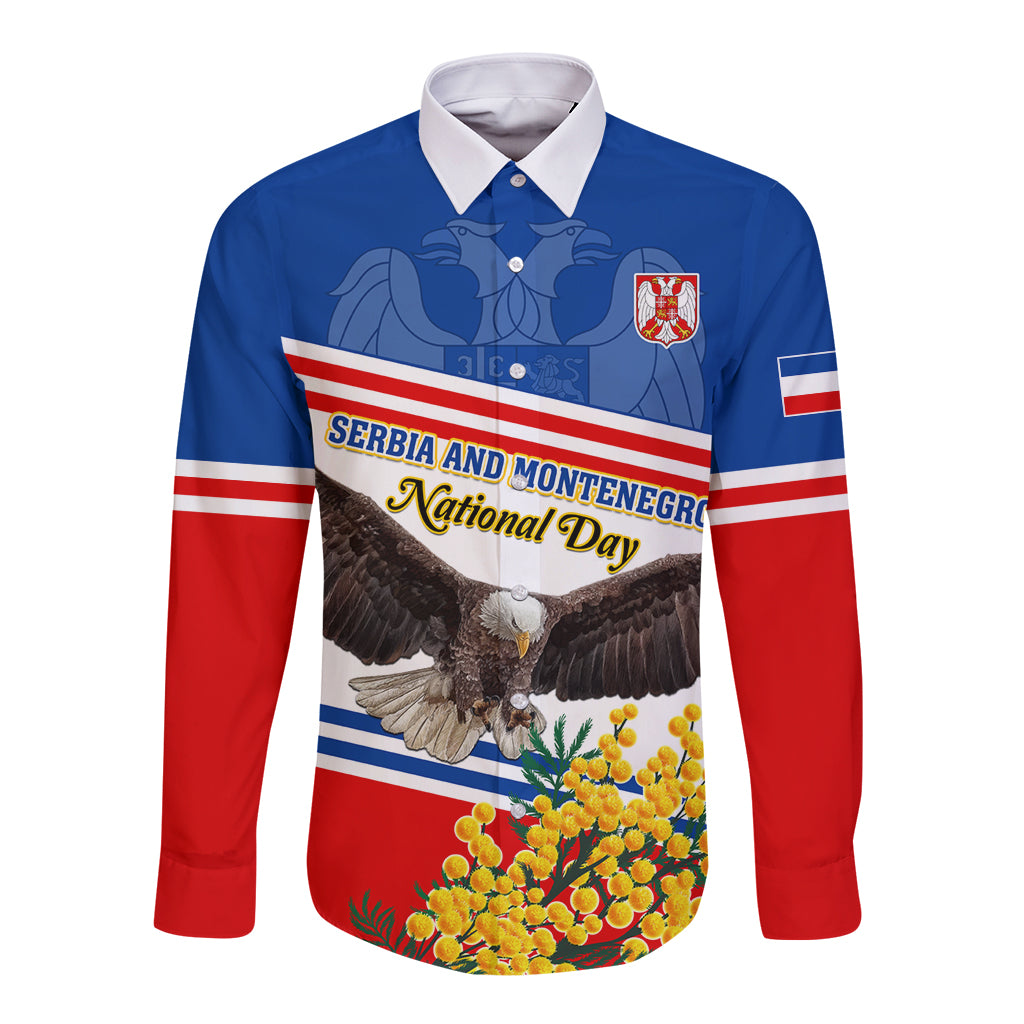 Unisex long-sleeve button shirt with blue/red stripes, eagle graphic, yellow mimosa flowers
