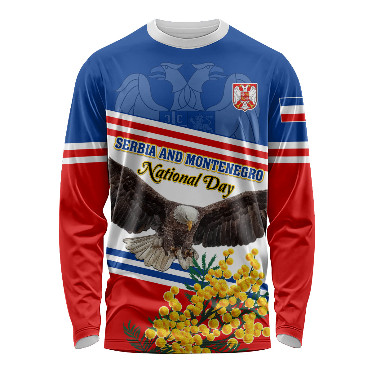 Serbia and Montenegro National Day Long Sleeve Shirt Eagle With Mimosa Flower - Wonder Print Shop