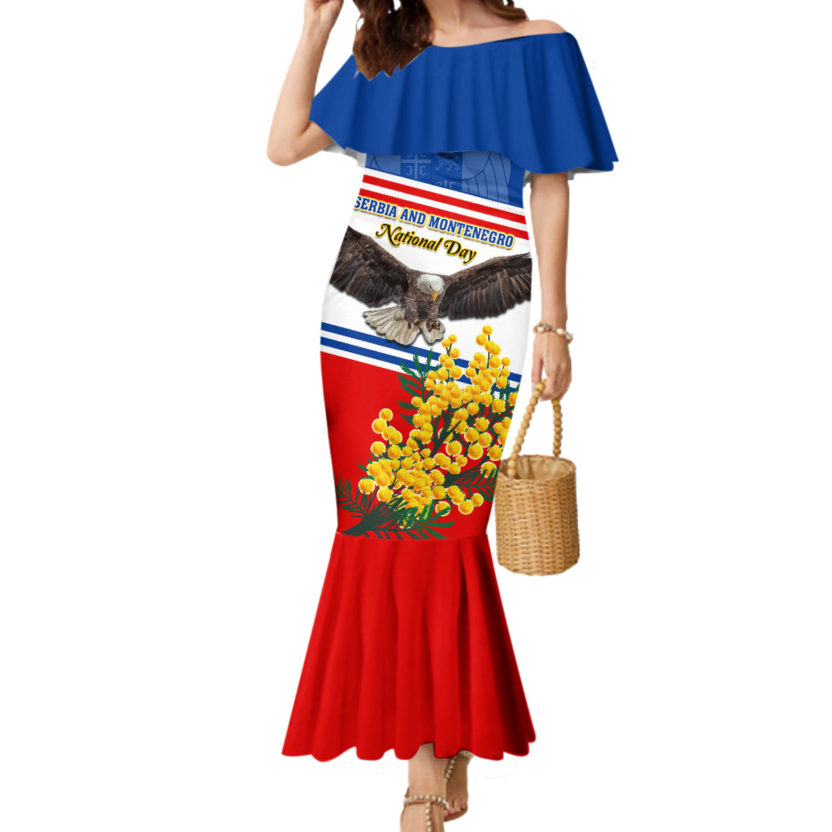 Serbia and Montenegro National Day Mermaid Dress Eagle With Mimosa Flower - Wonder Print Shop