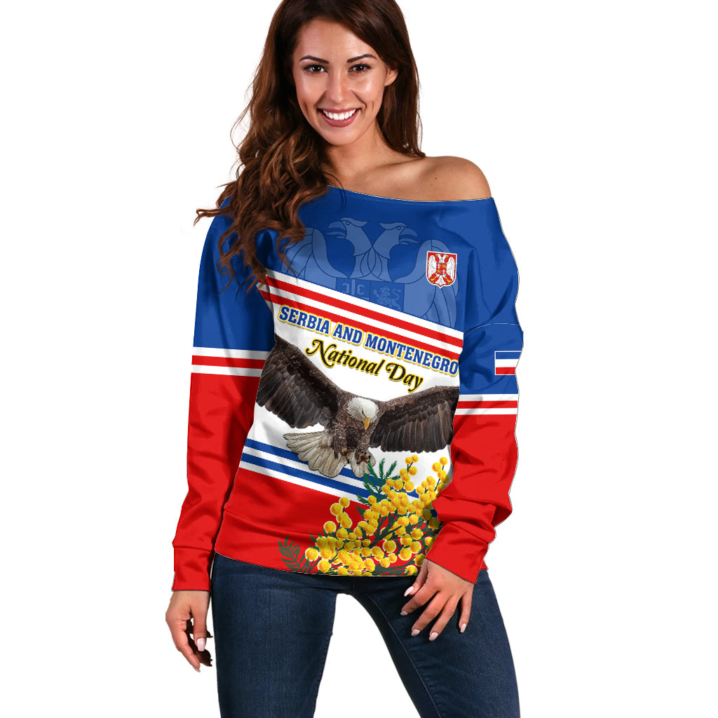 Serbia and Montenegro National Day Off Shoulder Sweater Eagle With Mimosa Flower - Wonder Print Shop