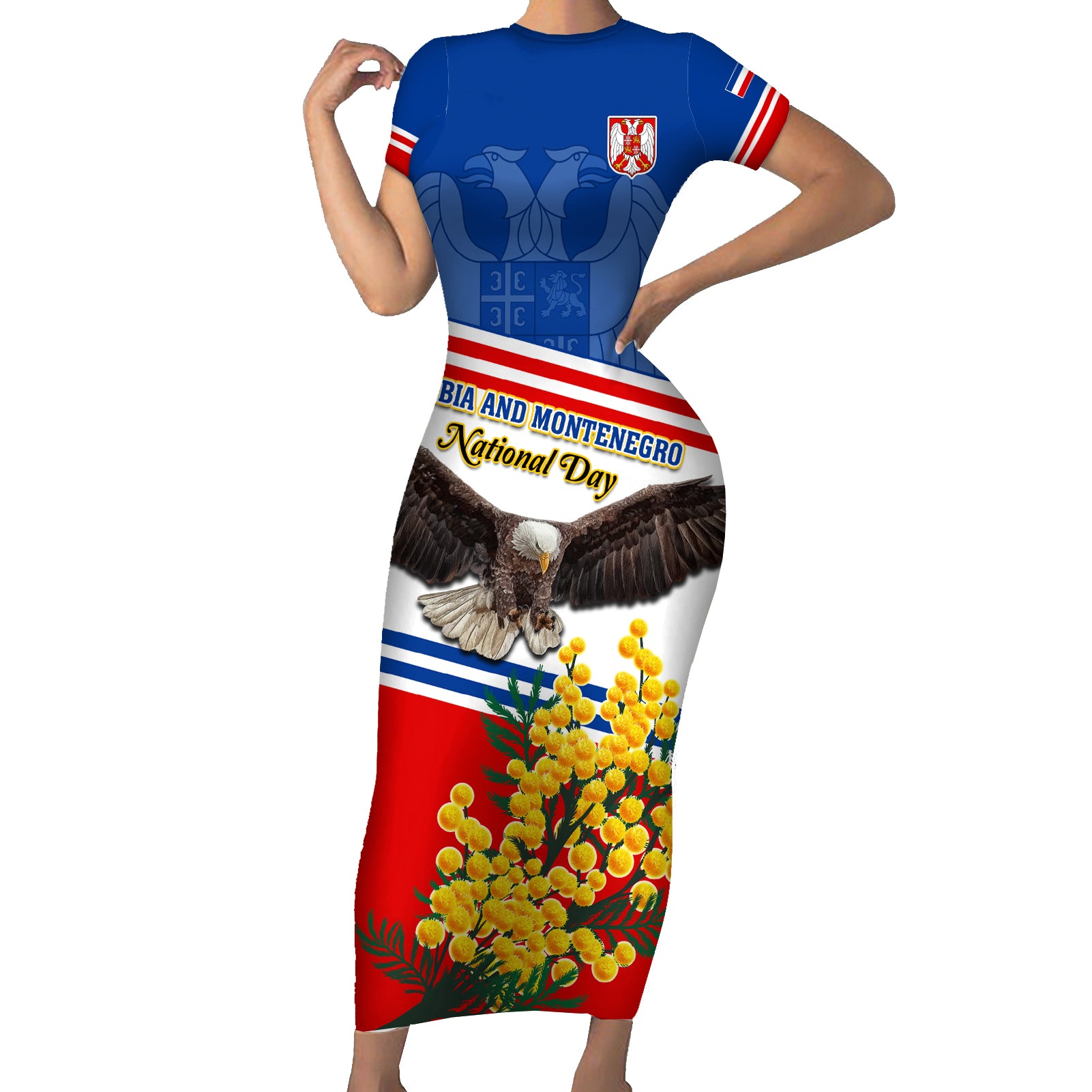 Serbia and Montenegro National Day Short Sleeve Bodycon Dress Eagle With Mimosa Flower - Wonder Print Shop