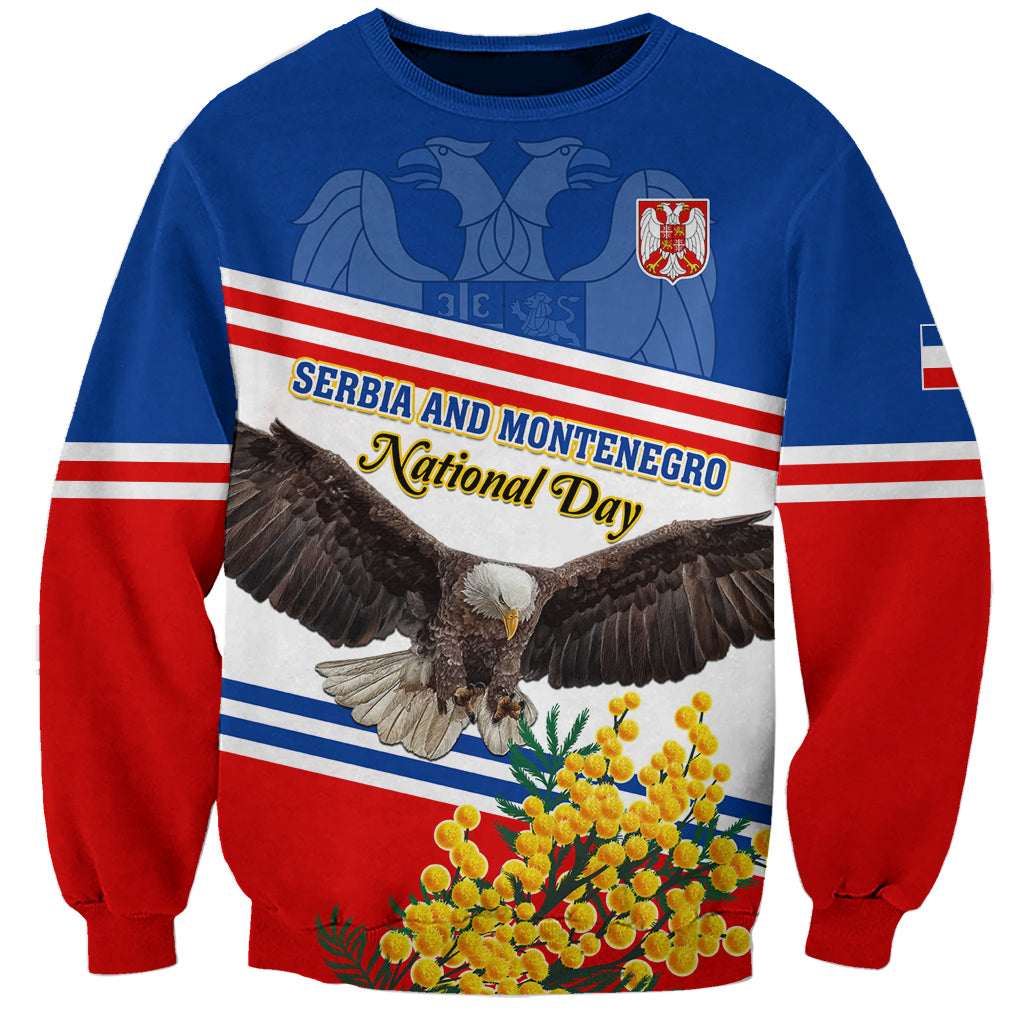 Unisex crewneck sweatshirt with eagle graphic, mimosa flowers, striped banner; blue and red