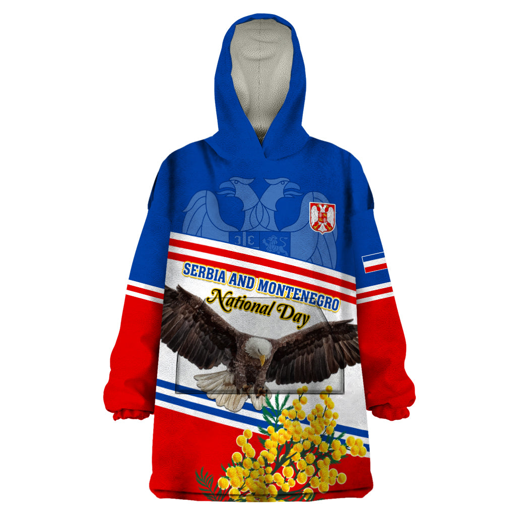 Serbia and Montenegro National Day Wearable Blanket Hoodie Eagle With Mimosa Flower - Wonder Print Shop