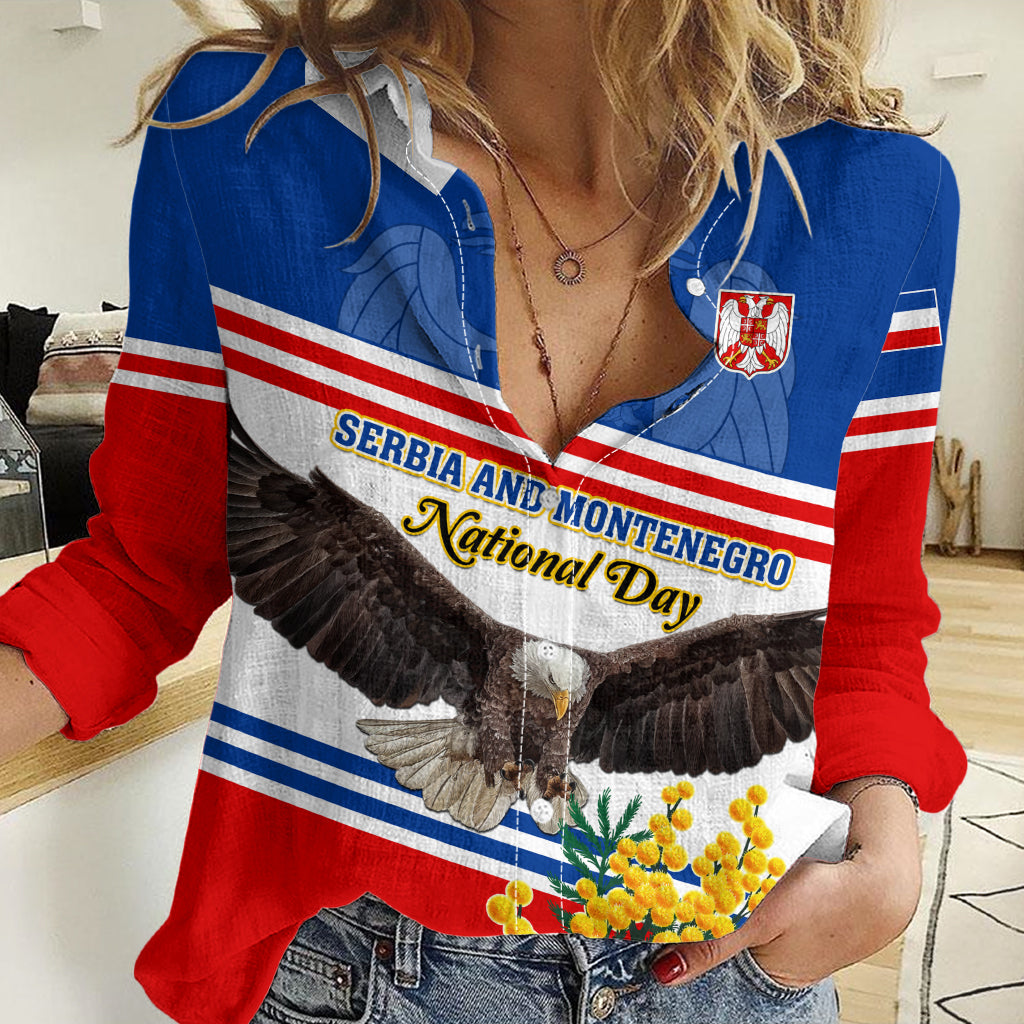 Serbia and Montenegro National Day Women Casual Shirt Eagle With Mimosa Flower - Wonder Print Shop