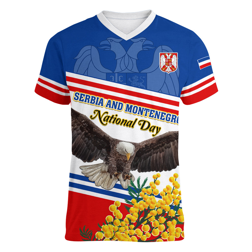 Serbia and Montenegro National Day Women V Neck T Shirt Eagle With Mimosa Flower - Wonder Print Shop