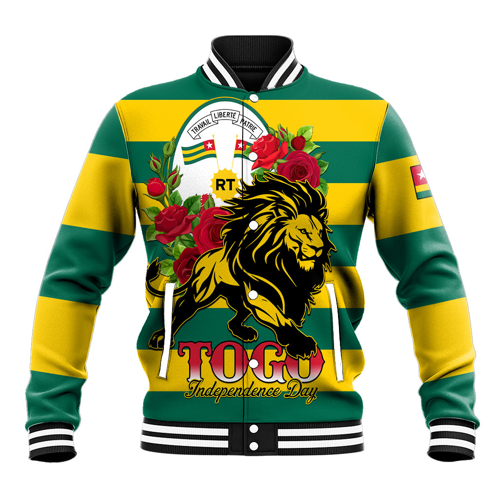 Unisex striped varsity baseball jacket in green and yellow with lion, rose, and crest graphic