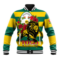 Unisex striped varsity baseball jacket in green and yellow with lion, rose, and crest graphic