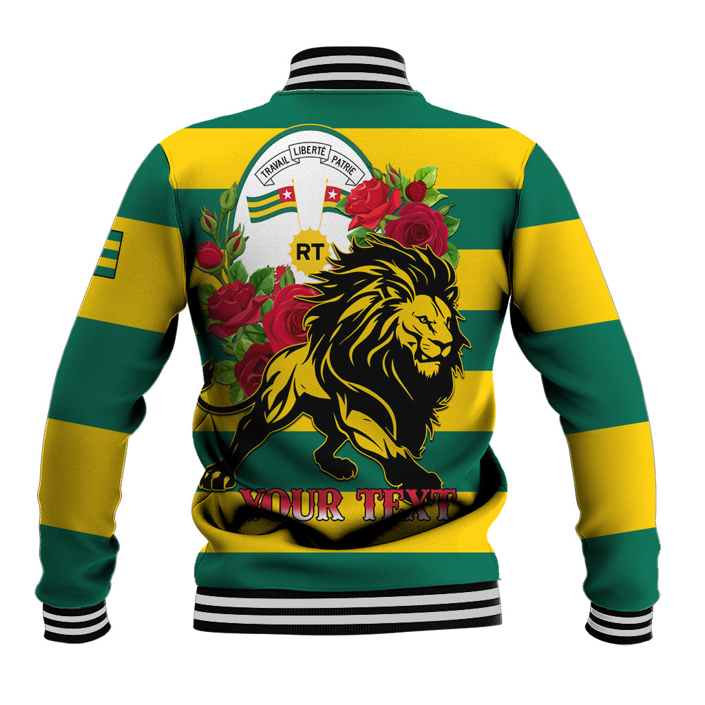Unisex striped varsity baseball jacket back with lion graphic, red roses, and crest emblem