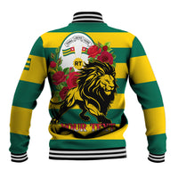 Unisex striped varsity baseball jacket back with lion graphic, red roses, and crest emblem