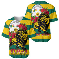 Two green/yellow striped baseball jerseys with lion graphic, roses, and Independence Day text
