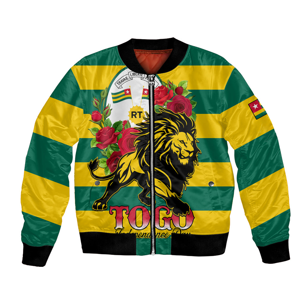 Green and yellow striped bomber jacket with lion graphic, roses, and crest on front