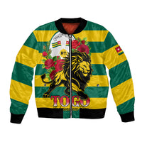 Green and yellow striped bomber jacket with lion graphic, roses, and crest on front