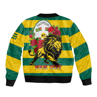 Back of green and yellow striped bomber with lion, roses, and crest; black ribbed hem