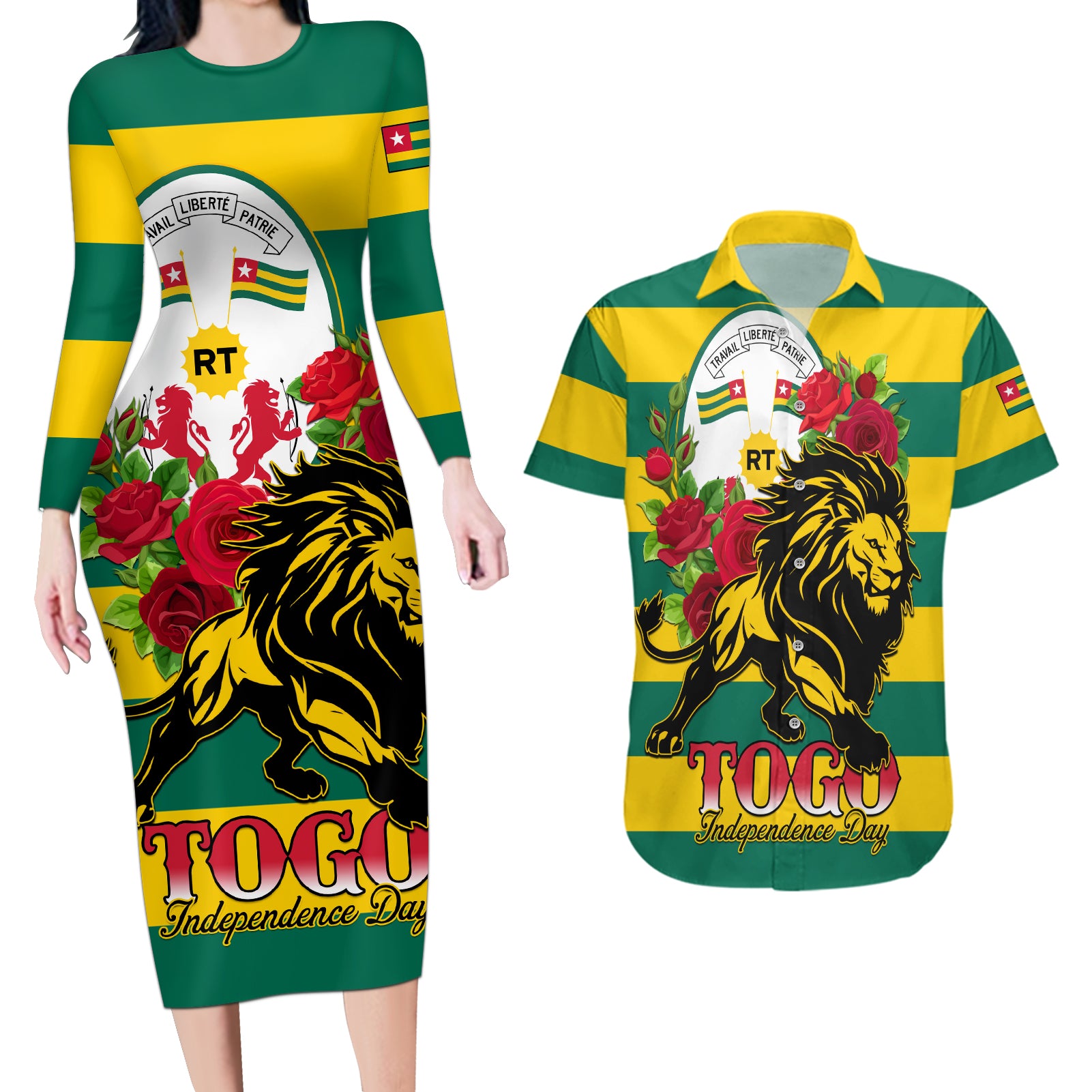 Togo Independence Day Couples Matching Long Sleeve Bodycon Dress and Hawaiian Shirt Lion With Rosa Flag Style - Wonder Print Shop