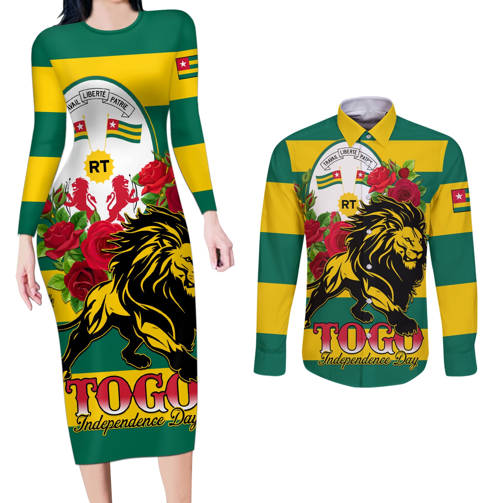 Togo Independence Day Couples Matching Long Sleeve Bodycon Dress and Long Sleeve Button Shirt Lion With Rosa Flag Style - Wonder Print Shop