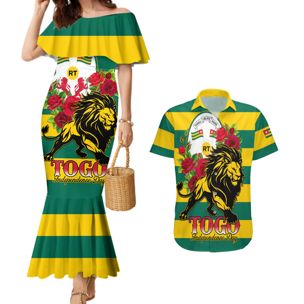 Togo Independence Day Couples Matching Mermaid Dress and Hawaiian Shirt Lion With Rosa Flag Style - Wonder Print Shop