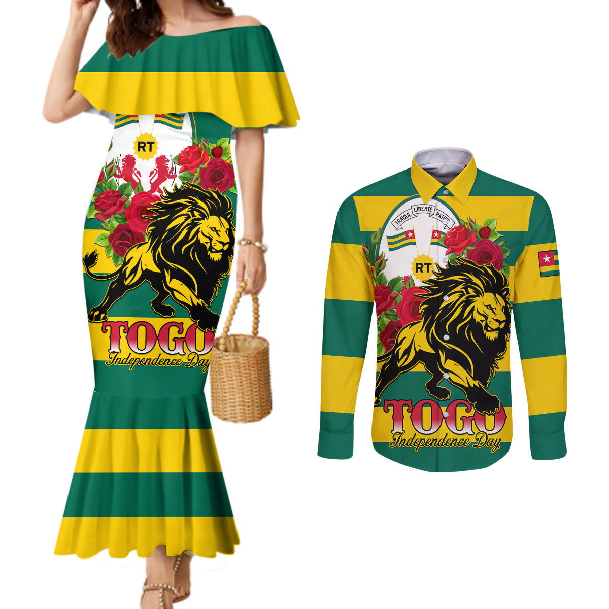 Togo Independence Day Couples Matching Mermaid Dress and Long Sleeve Button Shirt Lion With Rosa Flag Style