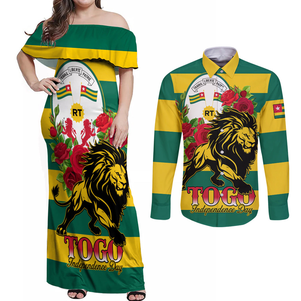 Togo Independence Day Couples Matching Off Shoulder Maxi Dress and Long Sleeve Button Shirt Lion With Rosa Flag Style - Wonder Print Shop