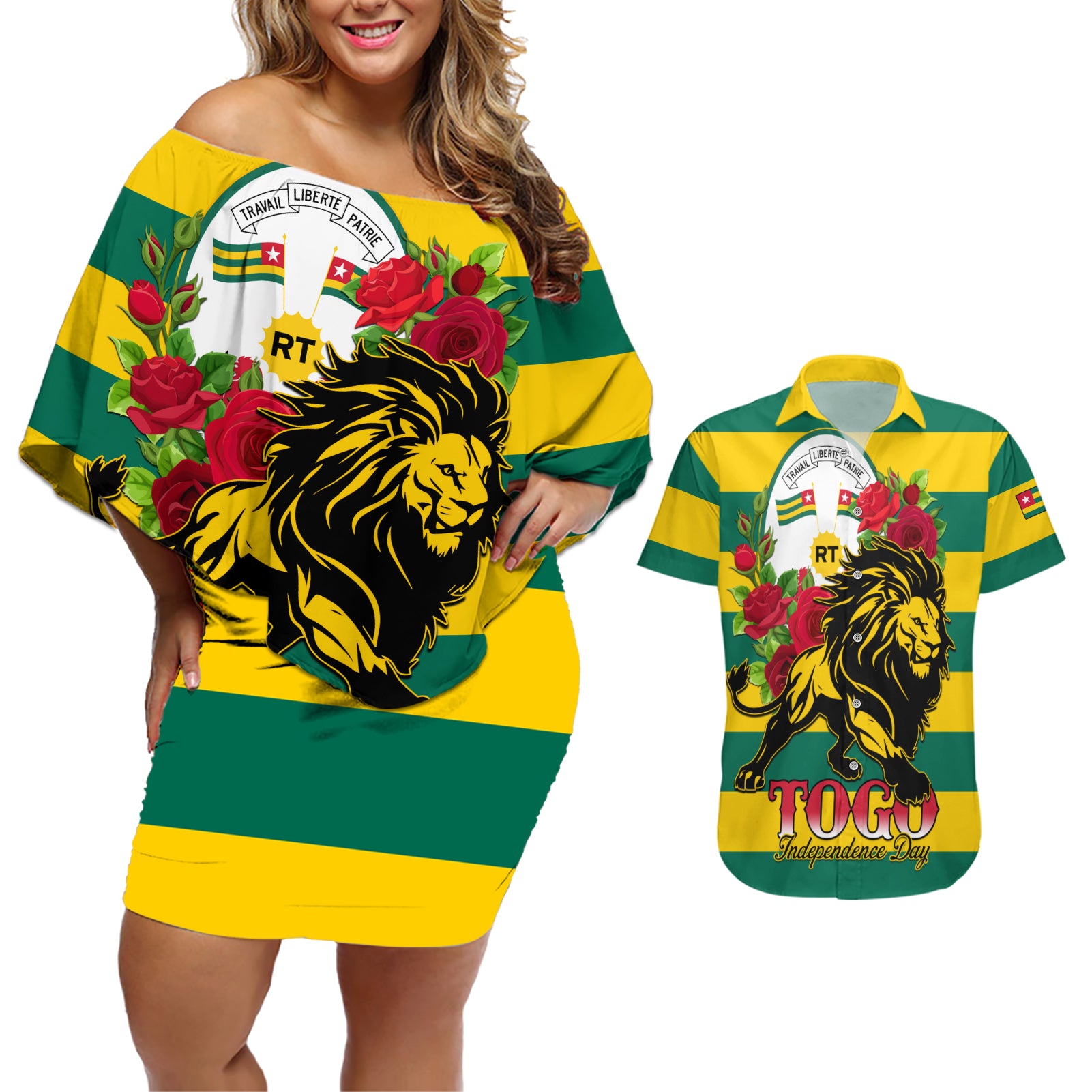 Togo Independence Day Couples Matching Off Shoulder Short Dress and Hawaiian Shirt Lion With Rosa Flag Style - Wonder Print Shop