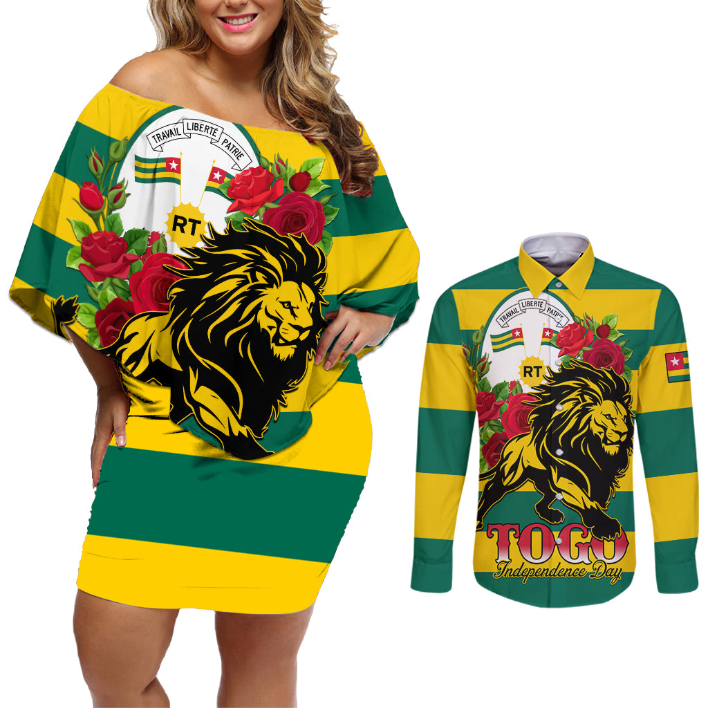 Togo Independence Day Couples Matching Off Shoulder Short Dress and Long Sleeve Button Shirt Lion With Rosa Flag Style - Wonder Print Shop