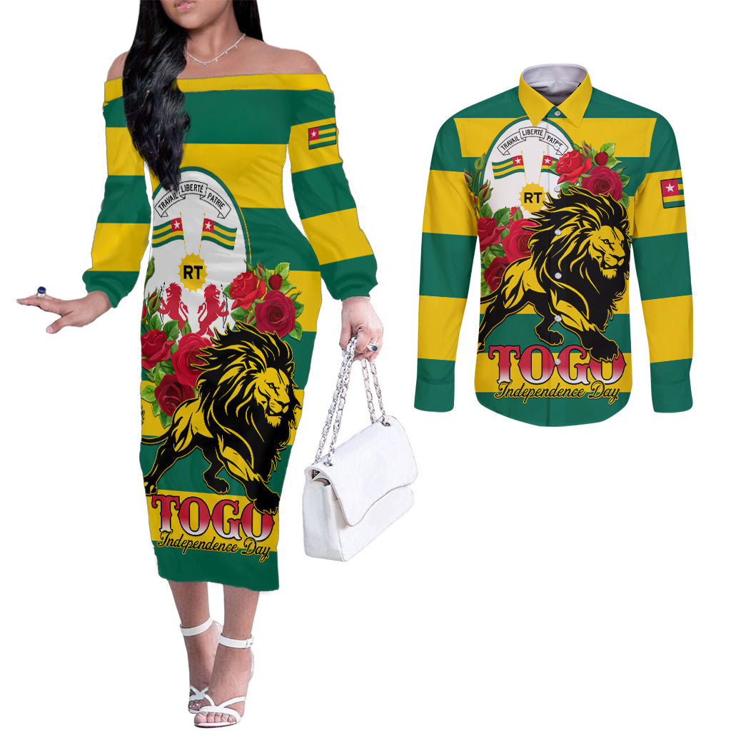 Togo Independence Day Couples Matching Off The Shoulder Long Sleeve Dress and Long Sleeve Button Shirt Lion With Rosa Flag Style