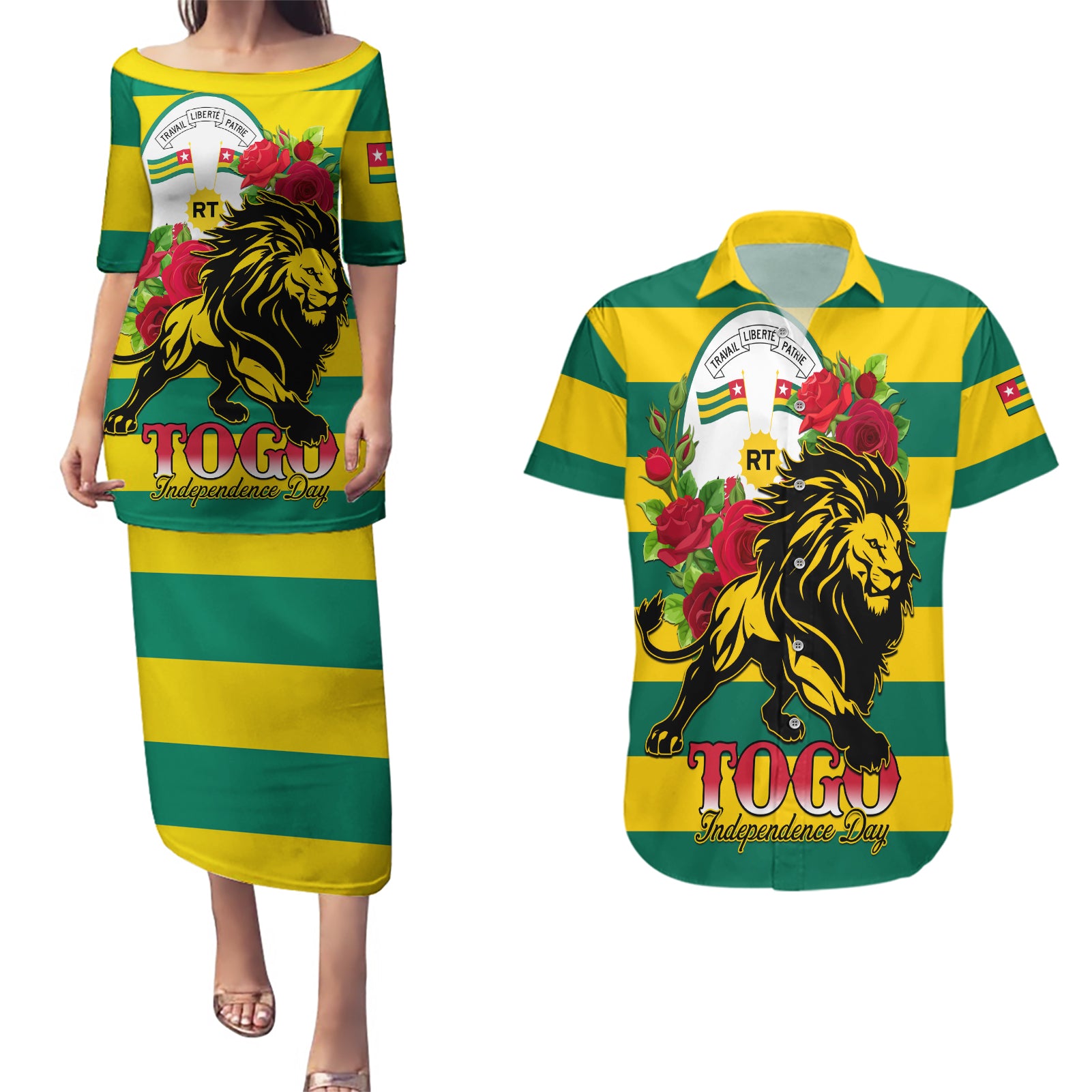 Togo Independence Day Couples Matching Puletasi and Hawaiian Shirt Lion With Rosa Flag Style - Wonder Print Shop