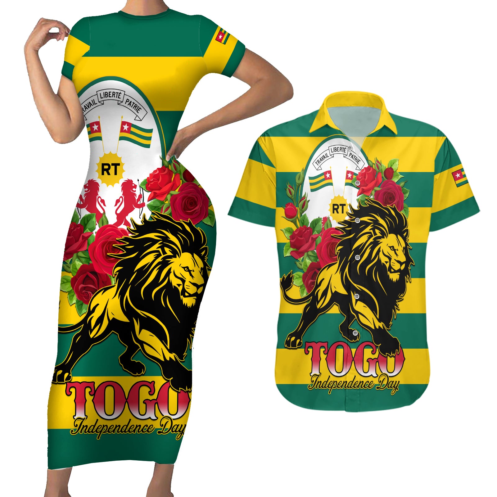 Togo Independence Day Couples Matching Short Sleeve Bodycon Dress and Hawaiian Shirt Lion With Rosa Flag Style - Wonder Print Shop