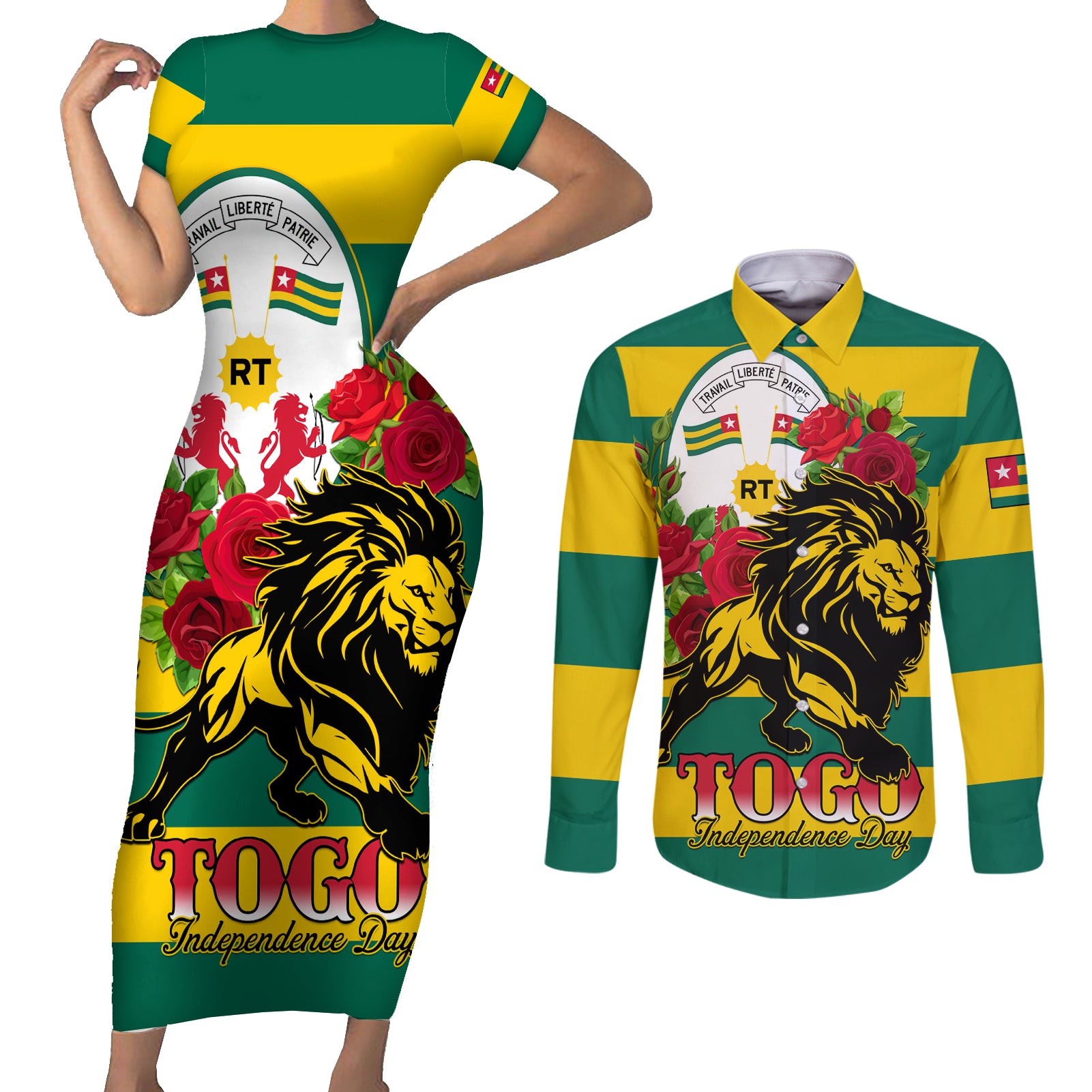 Togo Independence Day Couples Matching Short Sleeve Bodycon Dress and Long Sleeve Button Shirt Lion With Rosa Flag Style - Wonder Print Shop