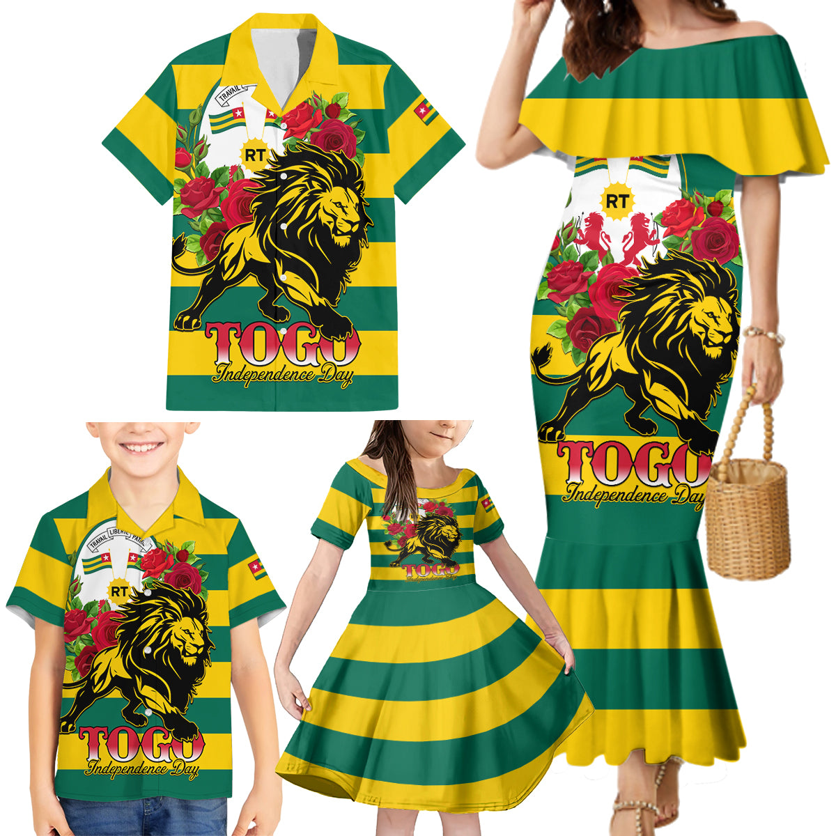 Togo Independence Day Family Matching Mermaid Dress and Hawaiian Shirt Lion With Rosa Flag Style - Wonder Print Shop