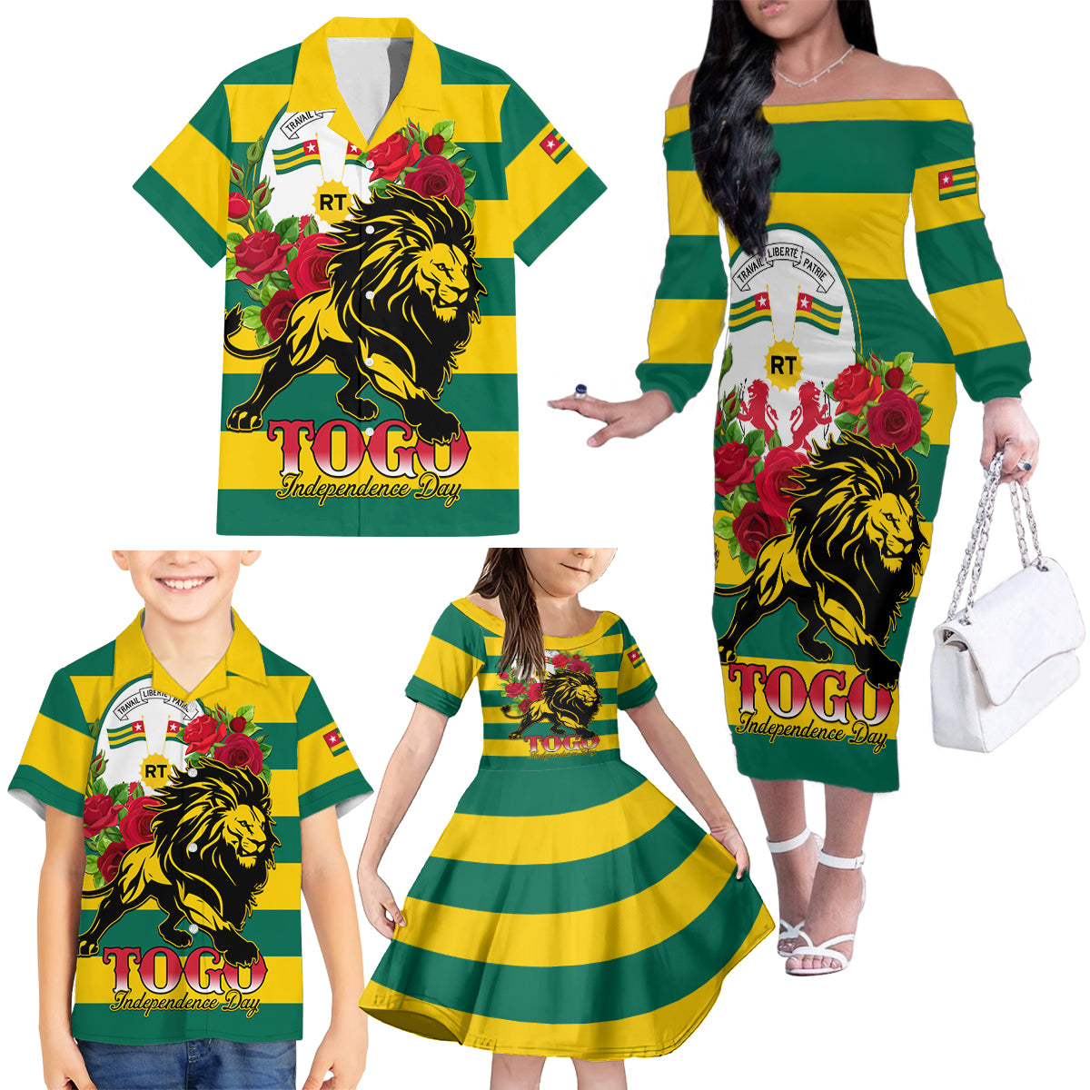 Togo Independence Day Family Matching Off Shoulder Long Sleeve Dress and Hawaiian Shirt Lion With Rosa Flag Style - Wonder Print Shop