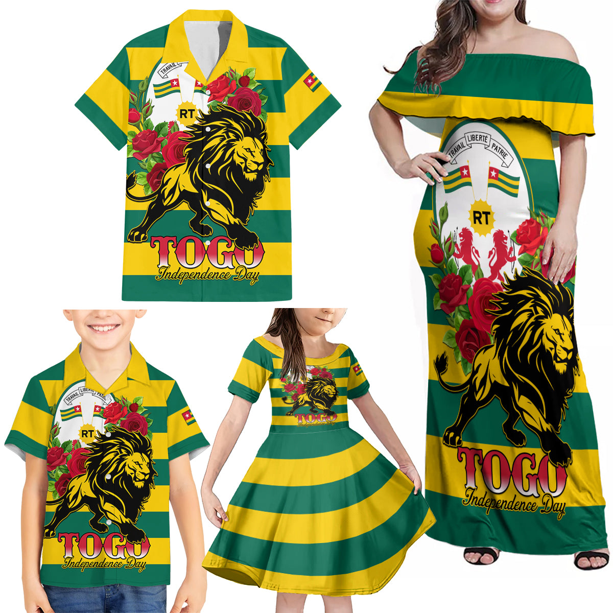 Togo Independence Day Family Matching Off Shoulder Maxi Dress and Hawaiian Shirt Lion With Rosa Flag Style - Wonder Print Shop