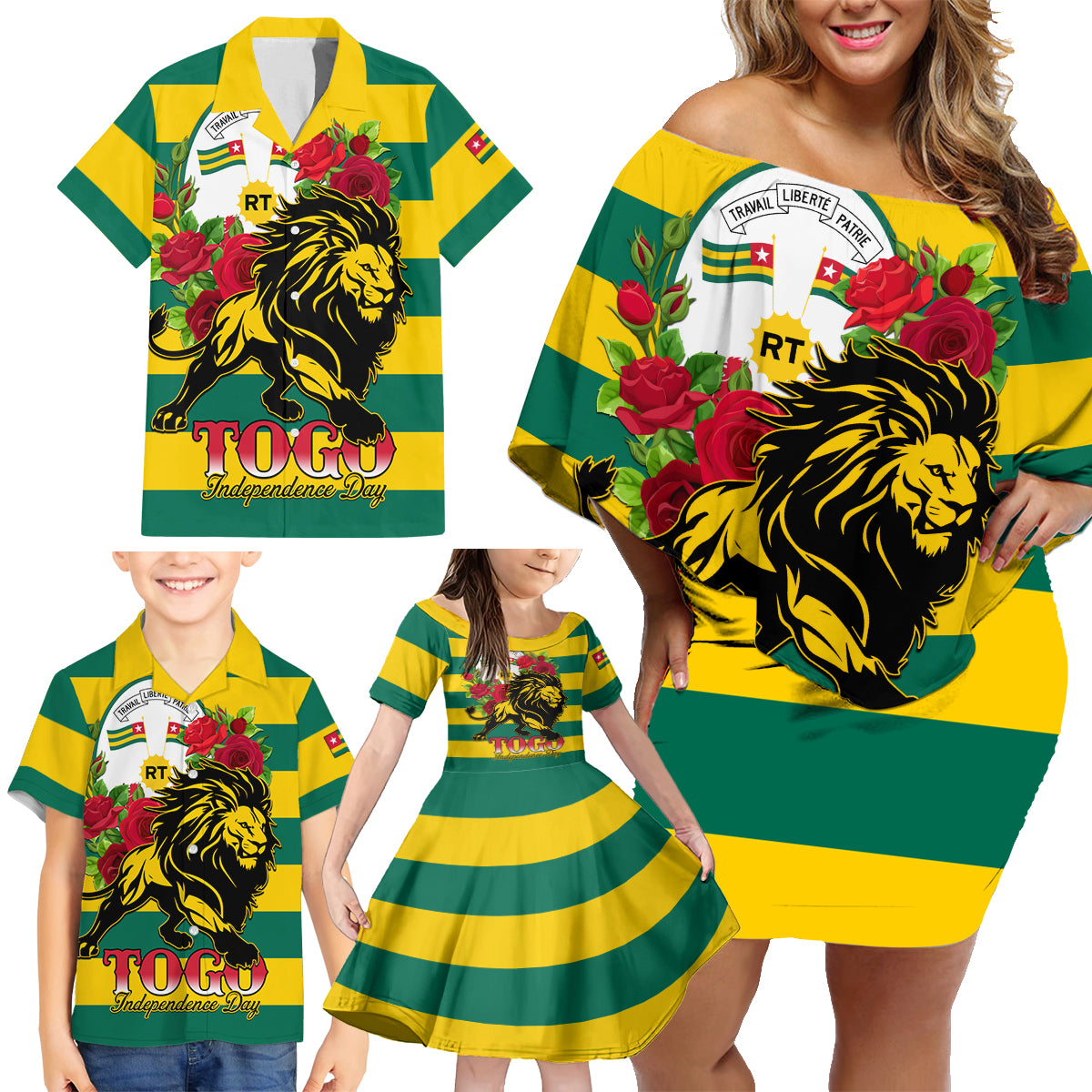 Togo Independence Day Family Matching Off Shoulder Short Dress and Hawaiian Shirt Lion With Rosa Flag Style - Wonder Print Shop