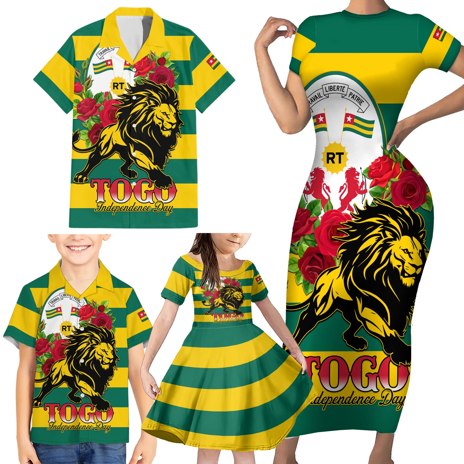 Togo Independence Day Family Matching Short Sleeve Bodycon Dress and Hawaiian Shirt Lion With Rosa Flag Style - Wonder Print Shop