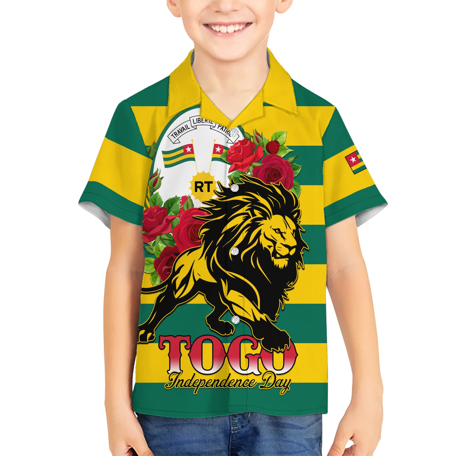 Togo Independence Day Kid Hawaiian Shirt Lion With Rosa Flag Style - Wonder Print Shop